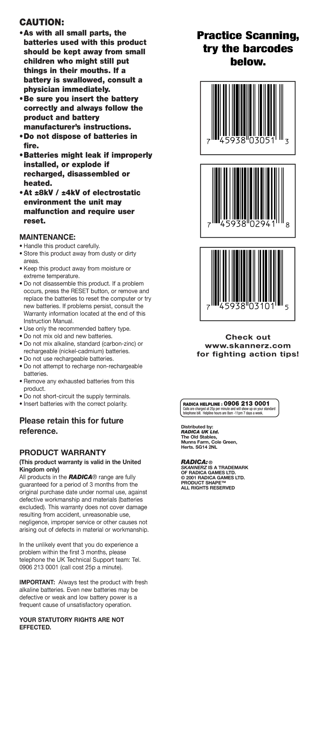 Radica Games 72045 instruction manual Maintenance, Product Warranty, Check out For fighting action tips 