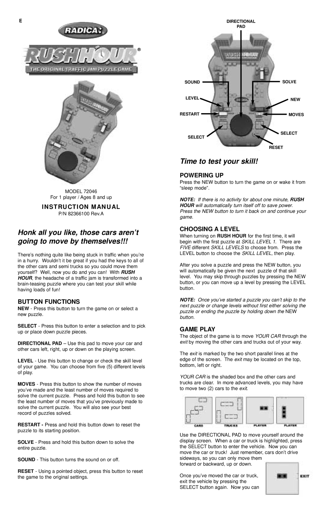 Radica Games 72046 instruction manual Button Functions, Powering UP, Choosing a Level, Game Play 