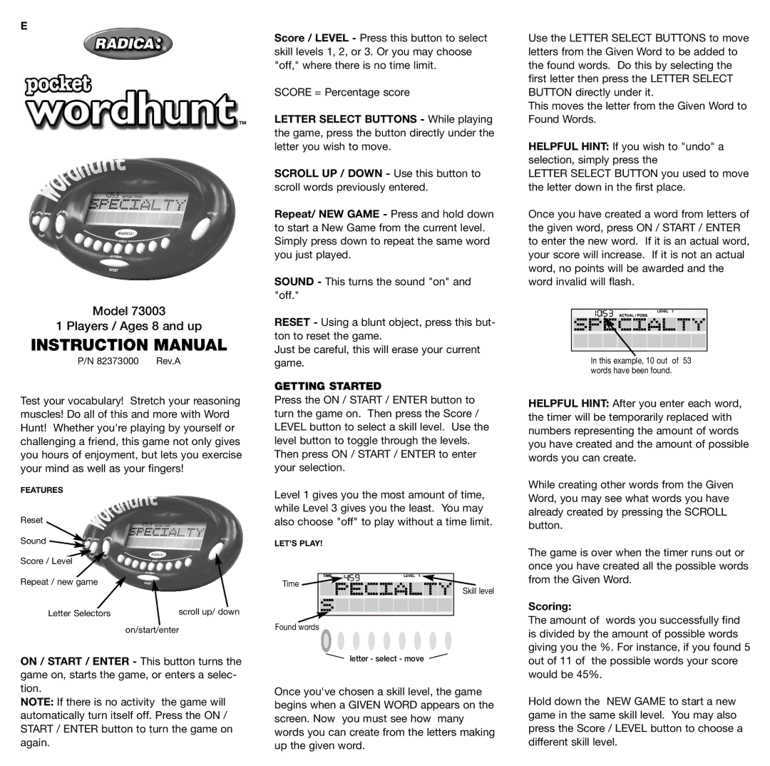 Radica Games 73003 instruction manual Model Players / Ages 8 and up, Getting Started, Scoring 