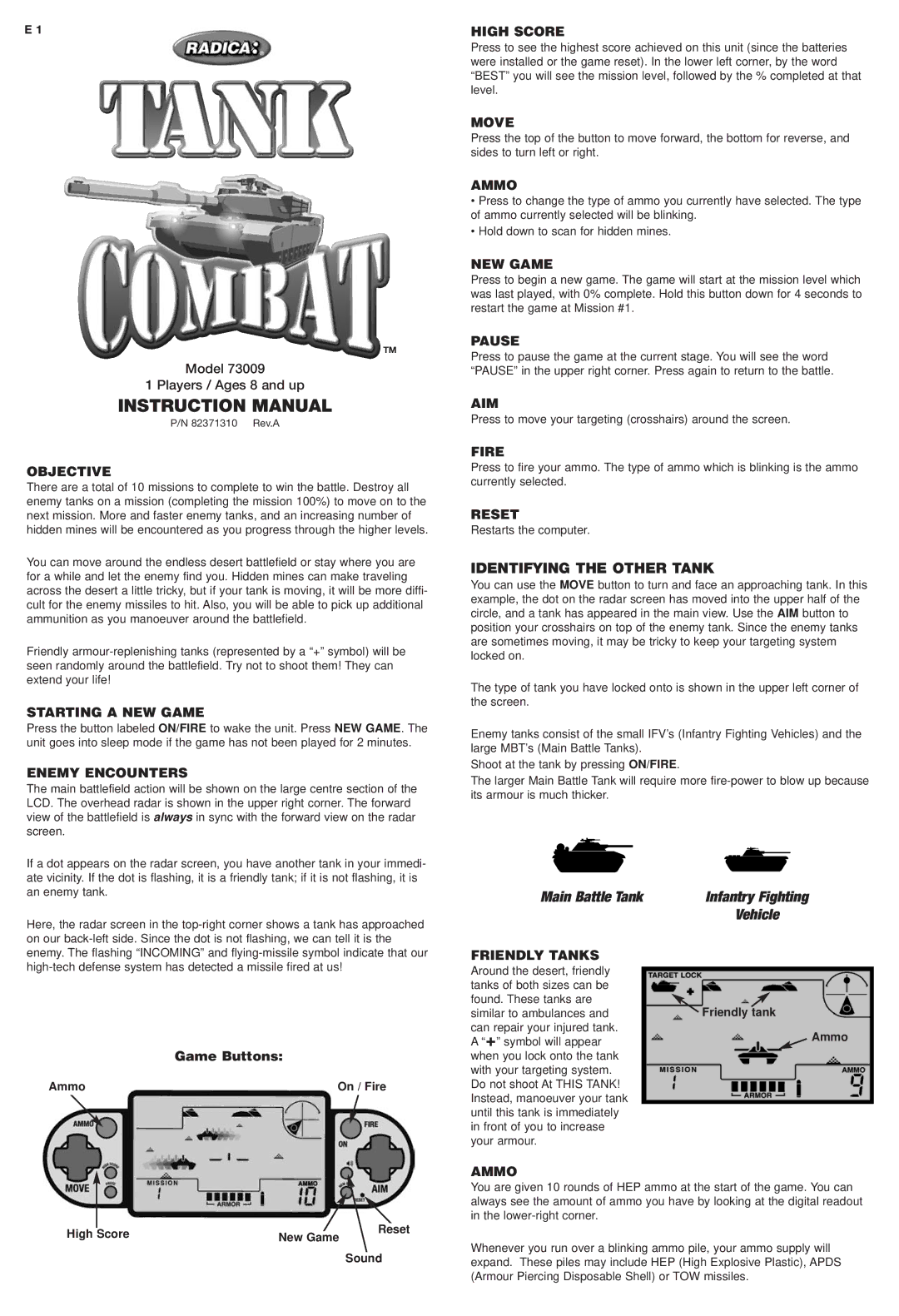 Radica Games 73009 instruction manual Main Battle Tank, Infantry Fighting Vehicle 