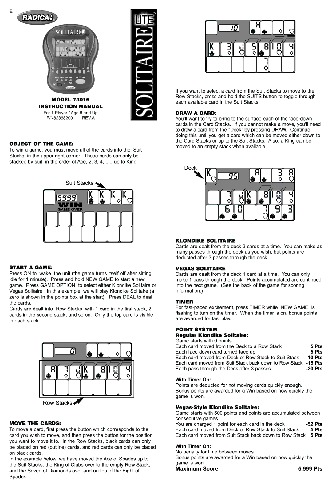 Radica Games 73016 instruction manual Suit Stacks, Deck 