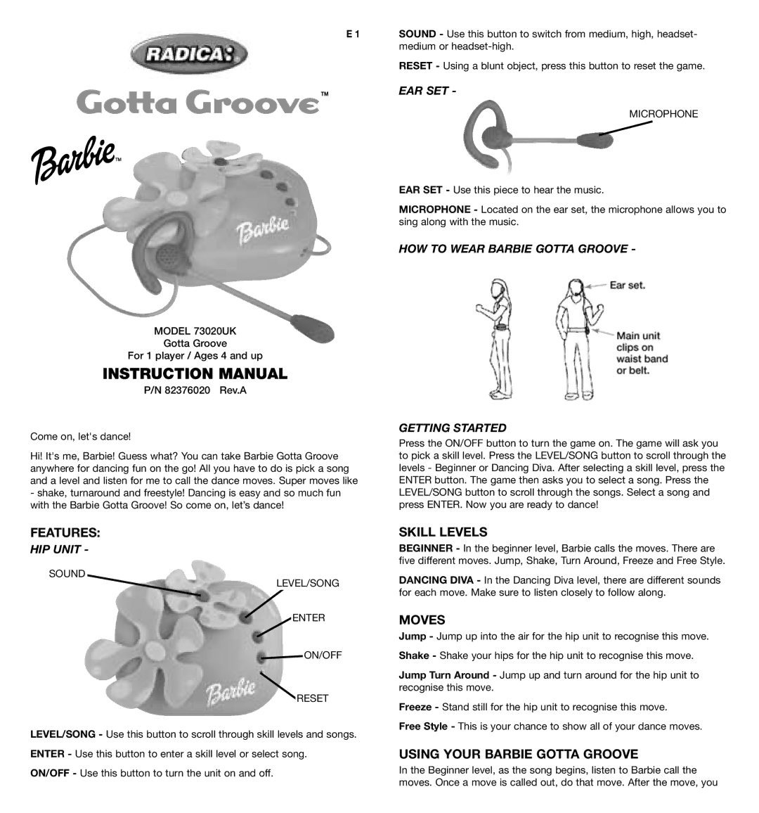 Radica Games 73020 instruction manual Features, Skill Levels, Moves, Using Your Barbie Gotta Groove 