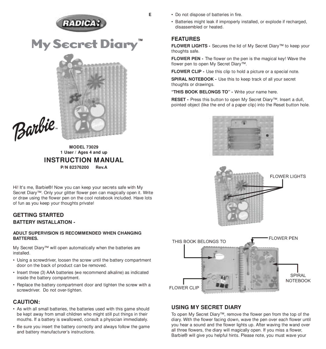 Radica Games 73029 instruction manual Features, Getting Started, Using MY Secret Diary 