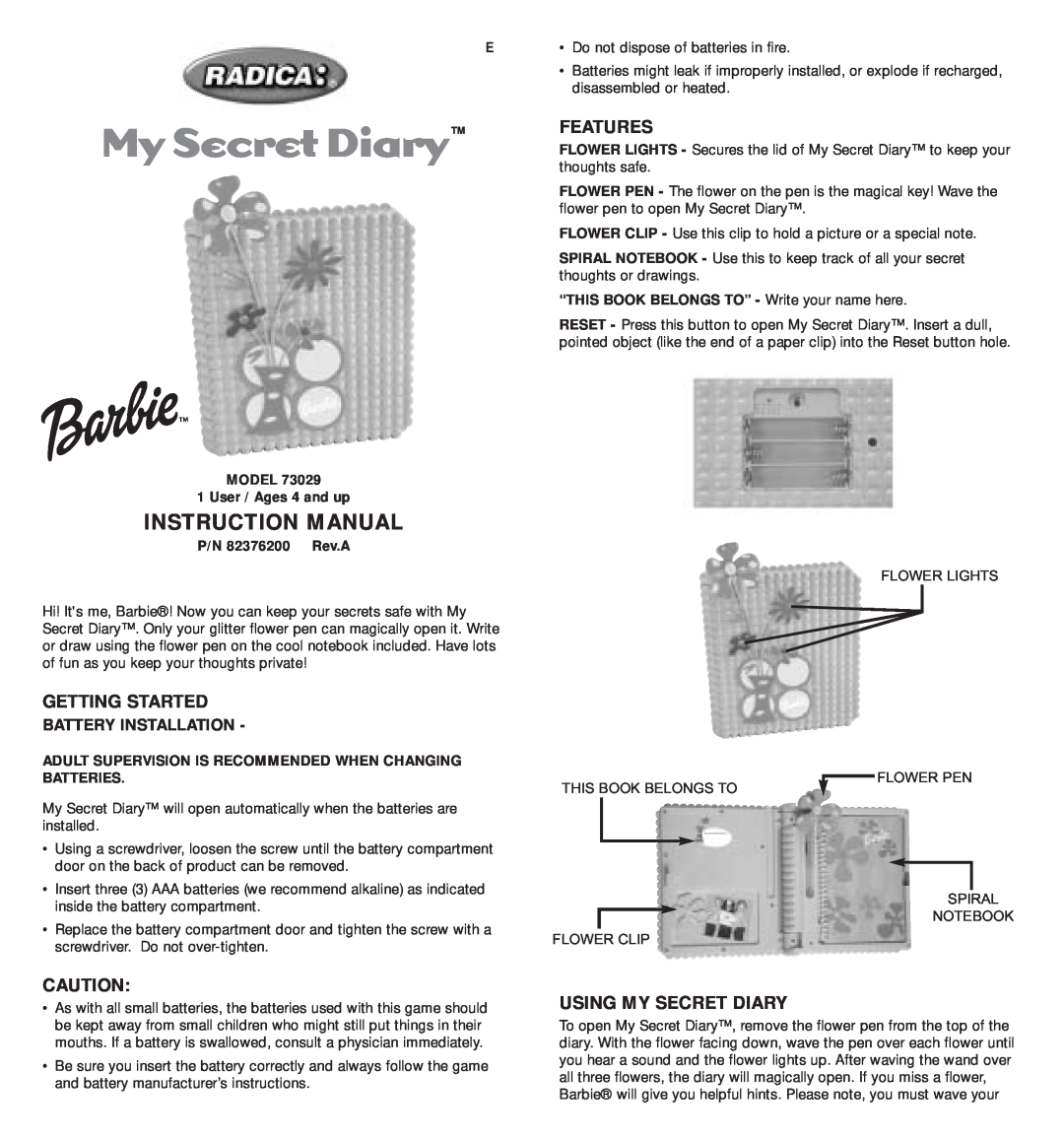 Radica Games 73029 instruction manual Features, Getting Started, Using My Secret Diary, Instruction Manual 