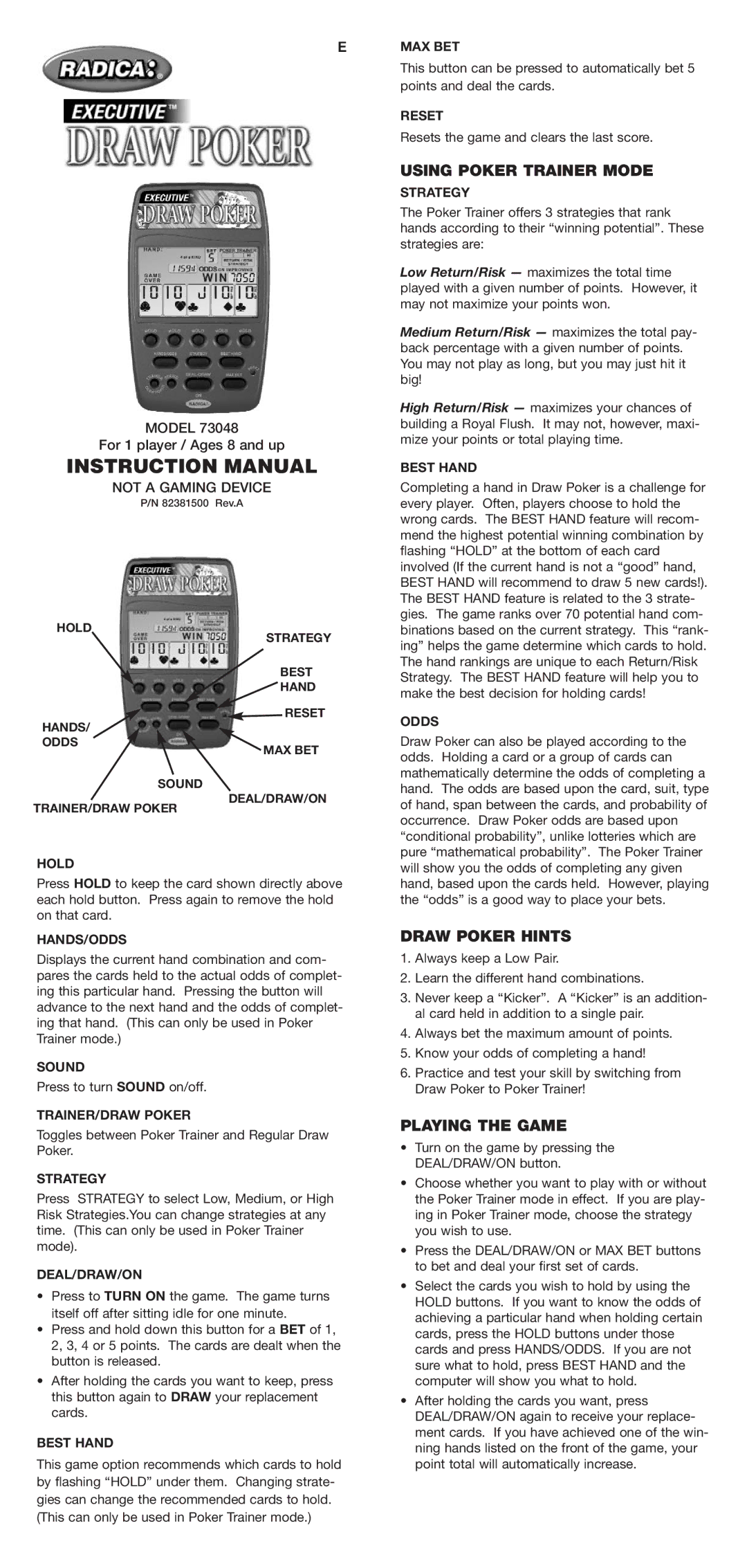 Radica Games 73048 instruction manual Using Poker Trainer Mode, Draw Poker Hints, Playing the Game 