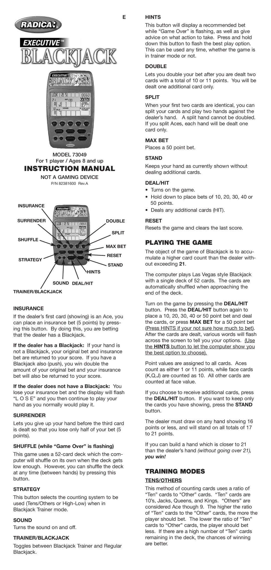 Radica Games 73049 instruction manual Playing the Game, Training Modes 