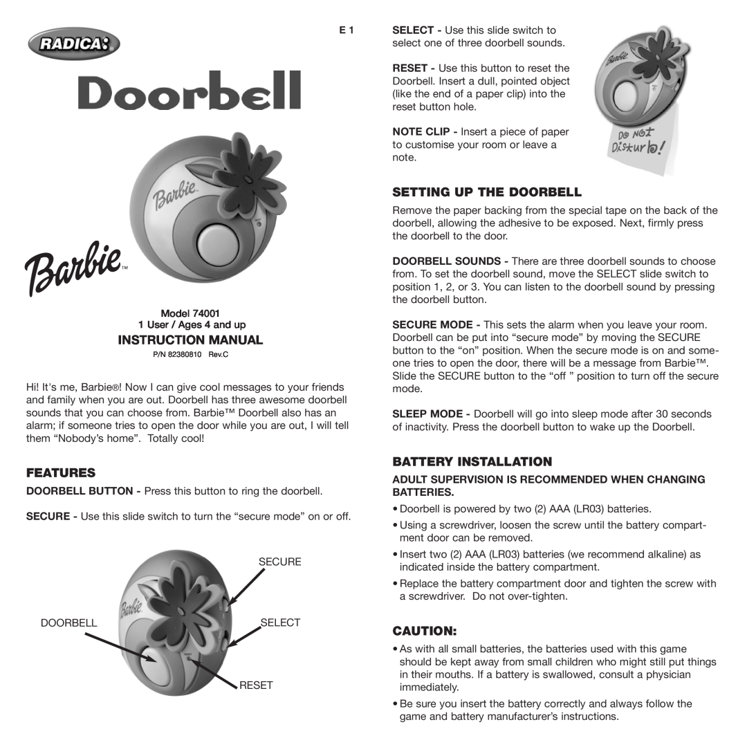 Radica Games 74001 instruction manual Features, Setting Up The Doorbell, Battery Installation 