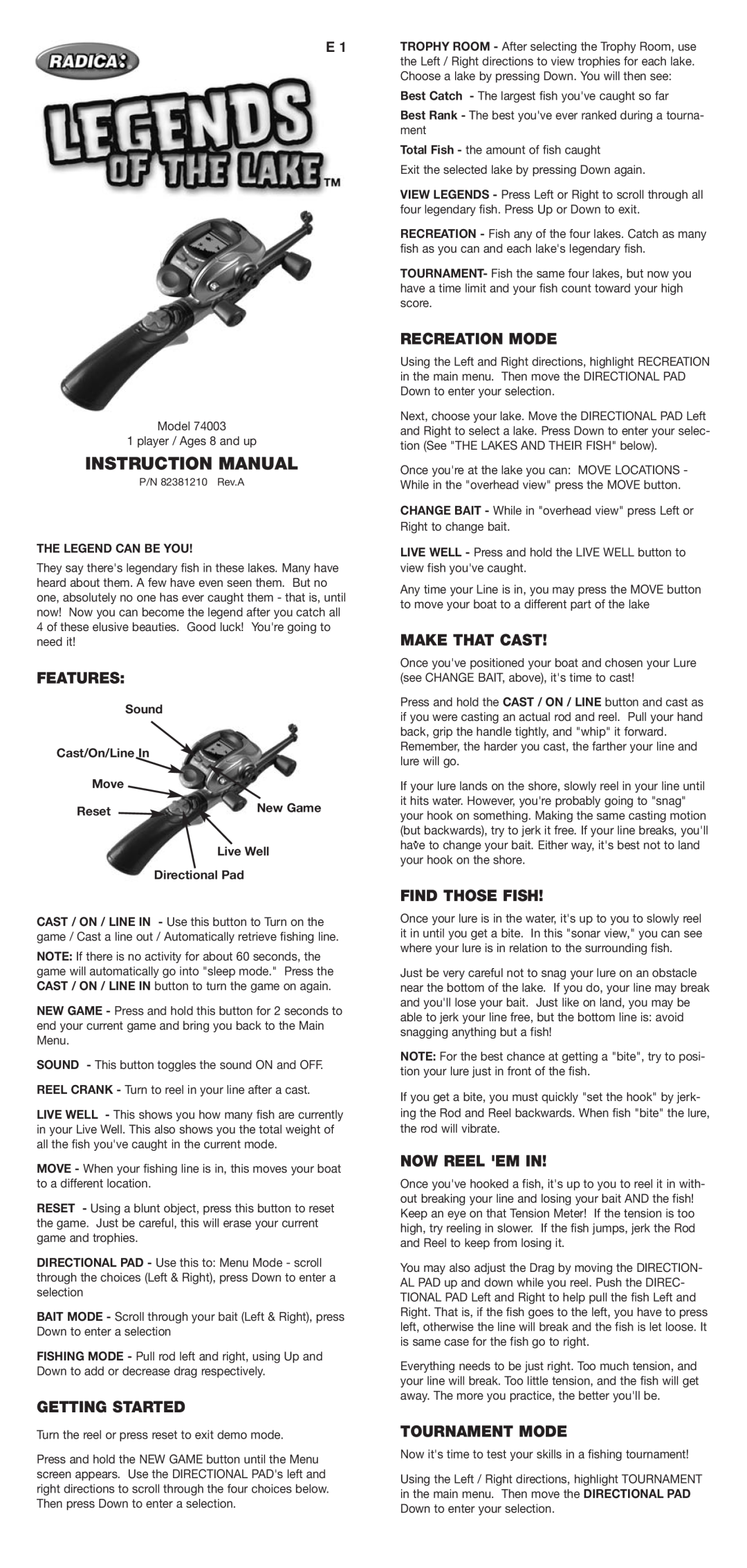Radica Games 74003 instruction manual Features, Getting Started, Recreation Mode, Make That Cast, Find Those Fish, Sound 