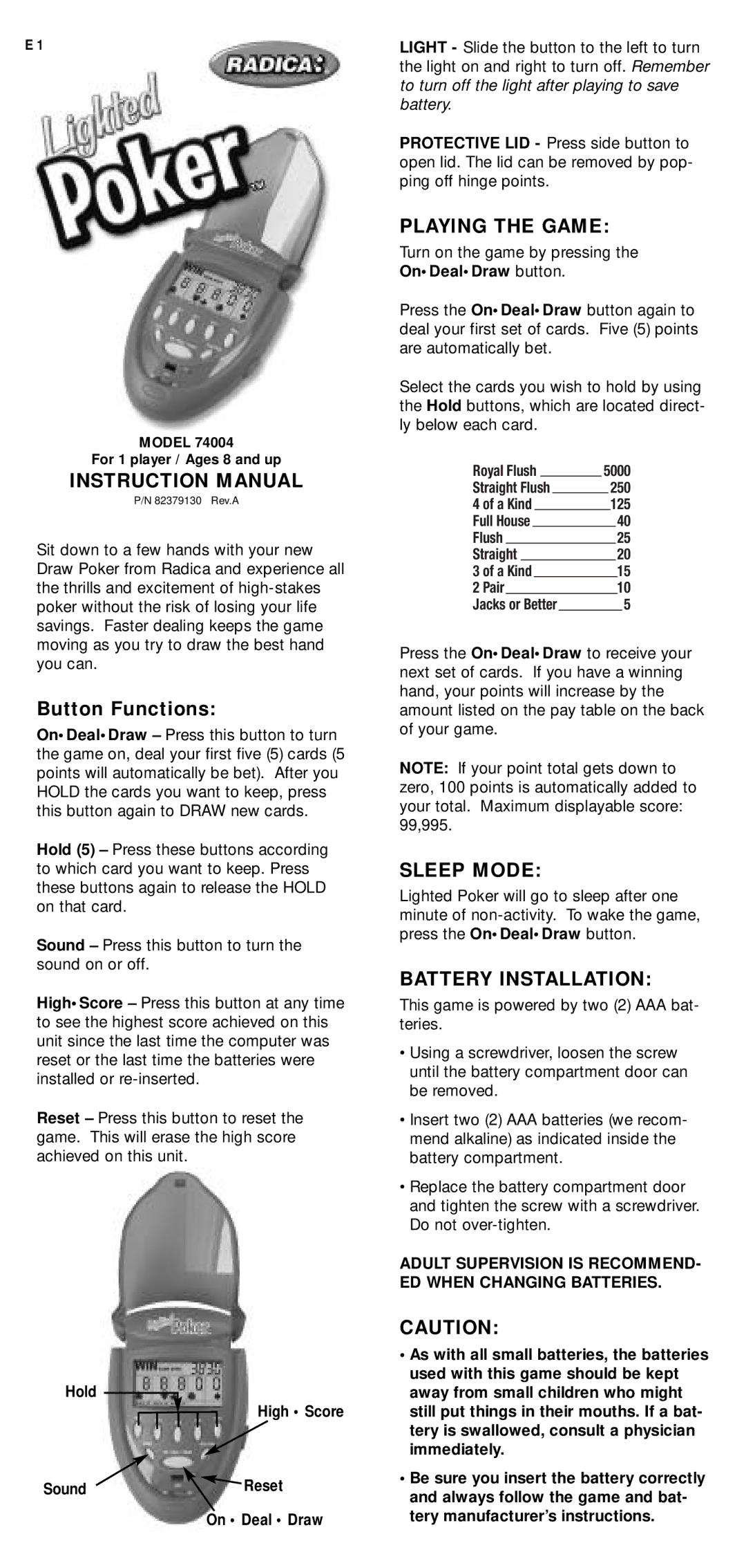 Radica Games 74004 instruction manual Playing the Game, Sleep Mode, Battery Installation 