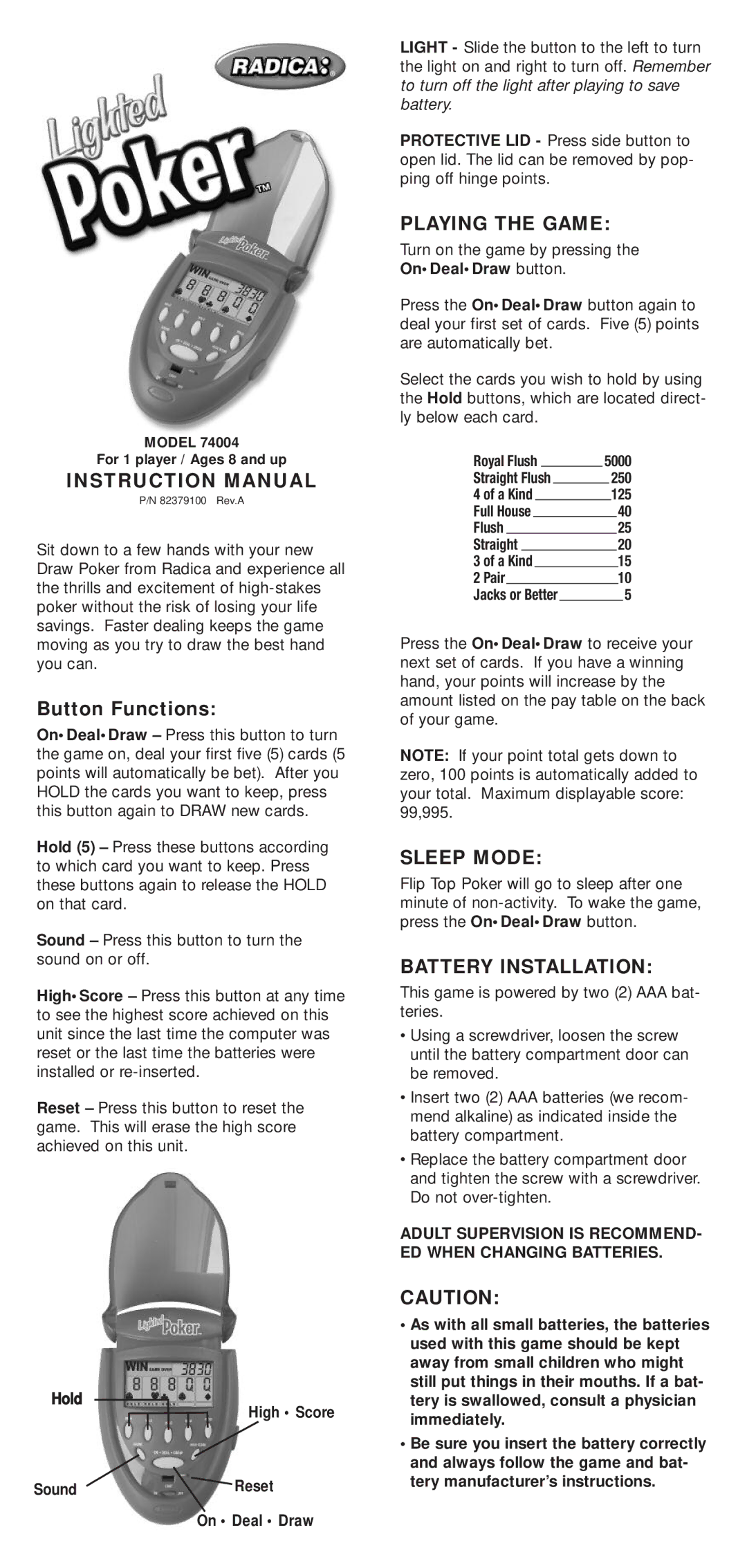 Radica Games 74004 instruction manual Button Functions, Playing the Game, Sleep Mode, Battery Installation 