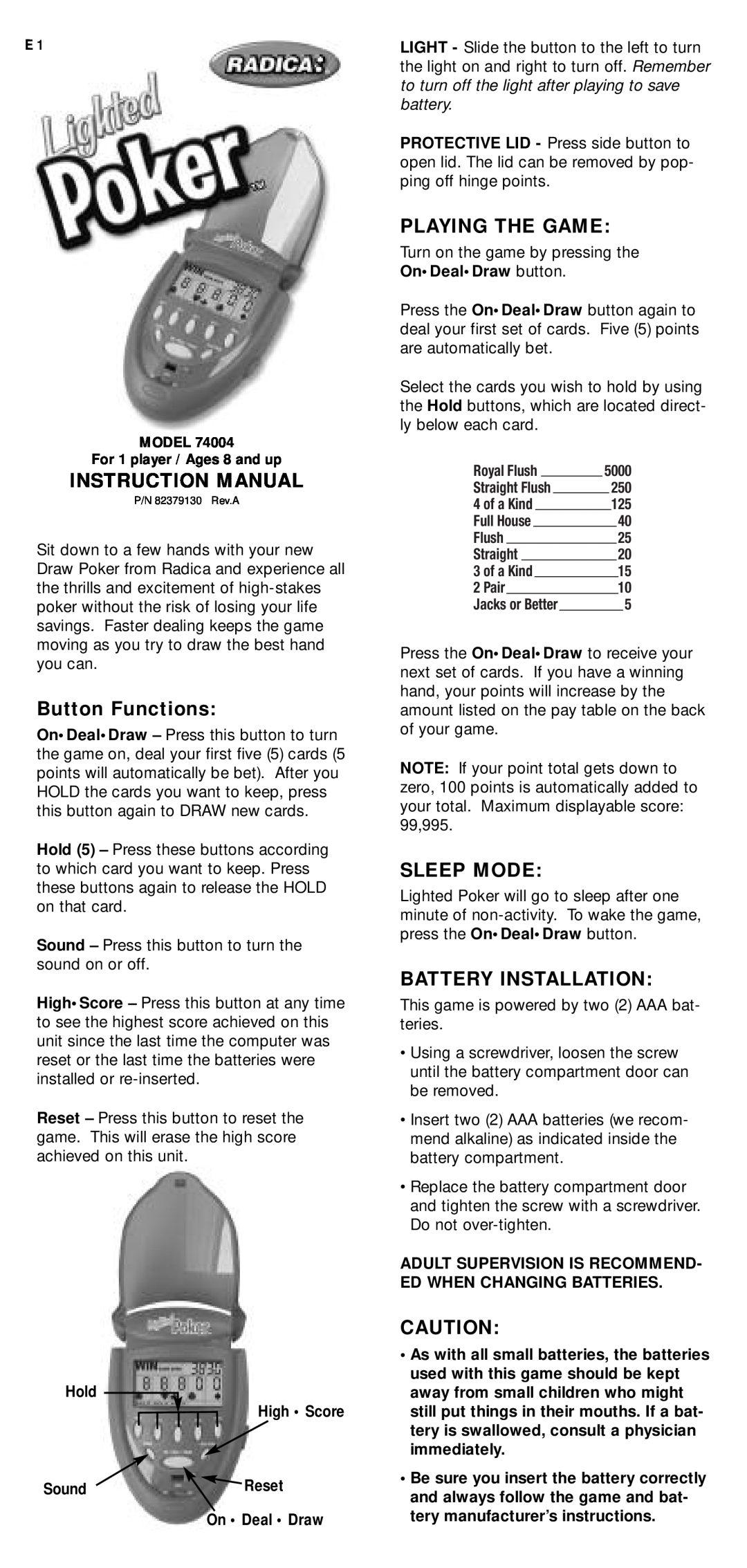 Radica Games 74004 instruction manual Instruction Manual, Button Functions, Playing The Game, Sleep Mode 