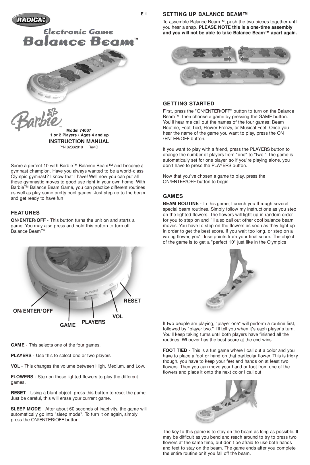 Radica Games 74007 instruction manual Features, Setting UP Balance Beam, Getting Started, Games 