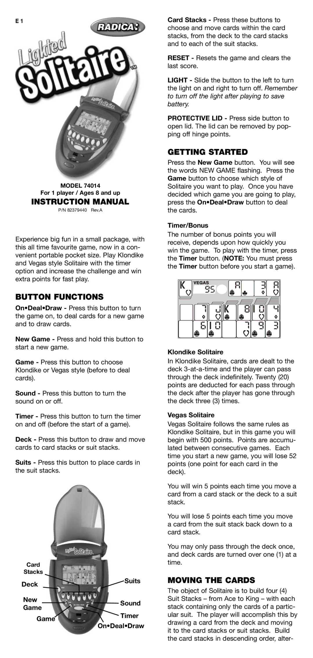 Radica Games 74014 instruction manual Button Functions, Getting Started, Moving the Cards 