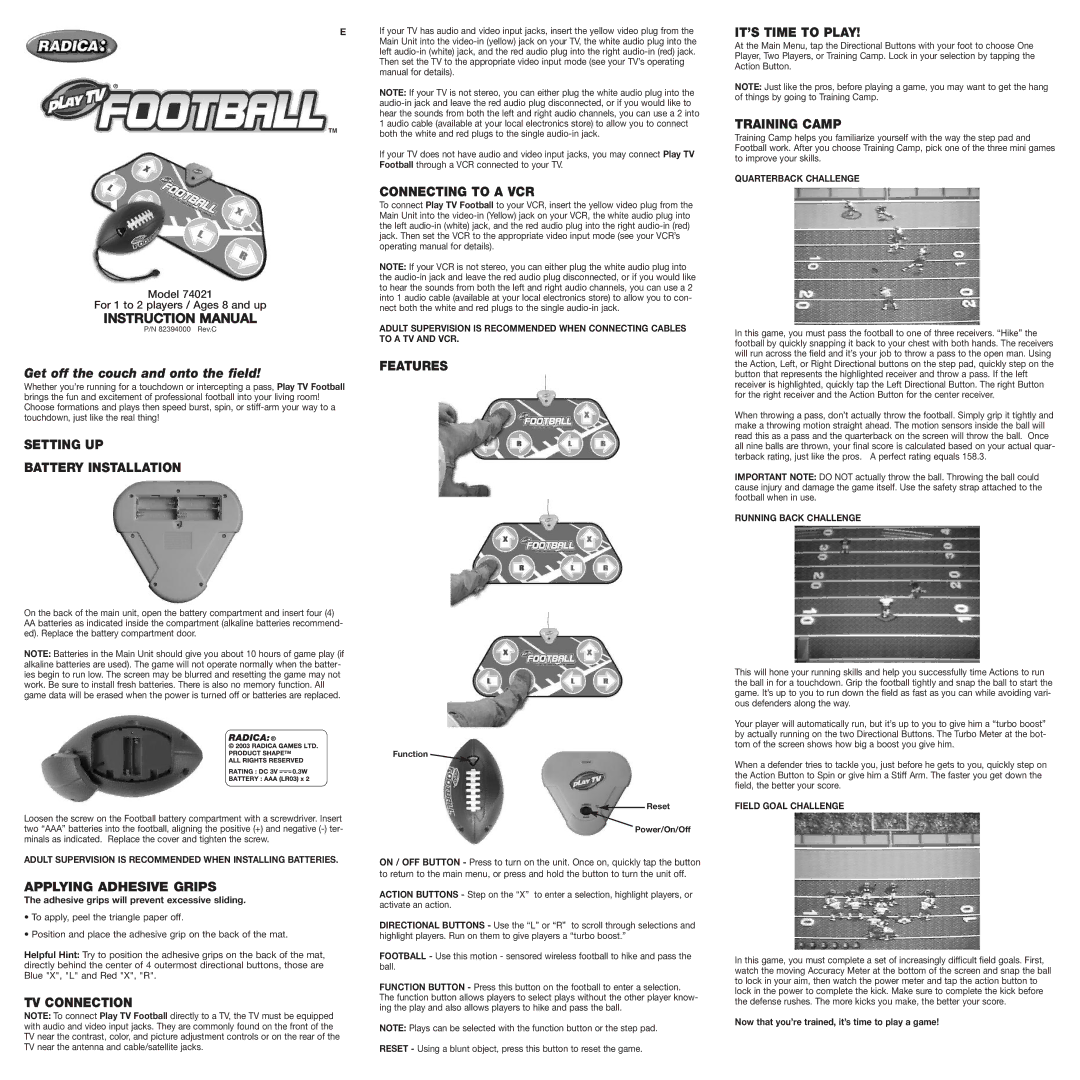 Radica Games 74021 manual Setting UP Battery Installation, Applying Adhesive Grips, TV Connection, Connecting to a VCR 