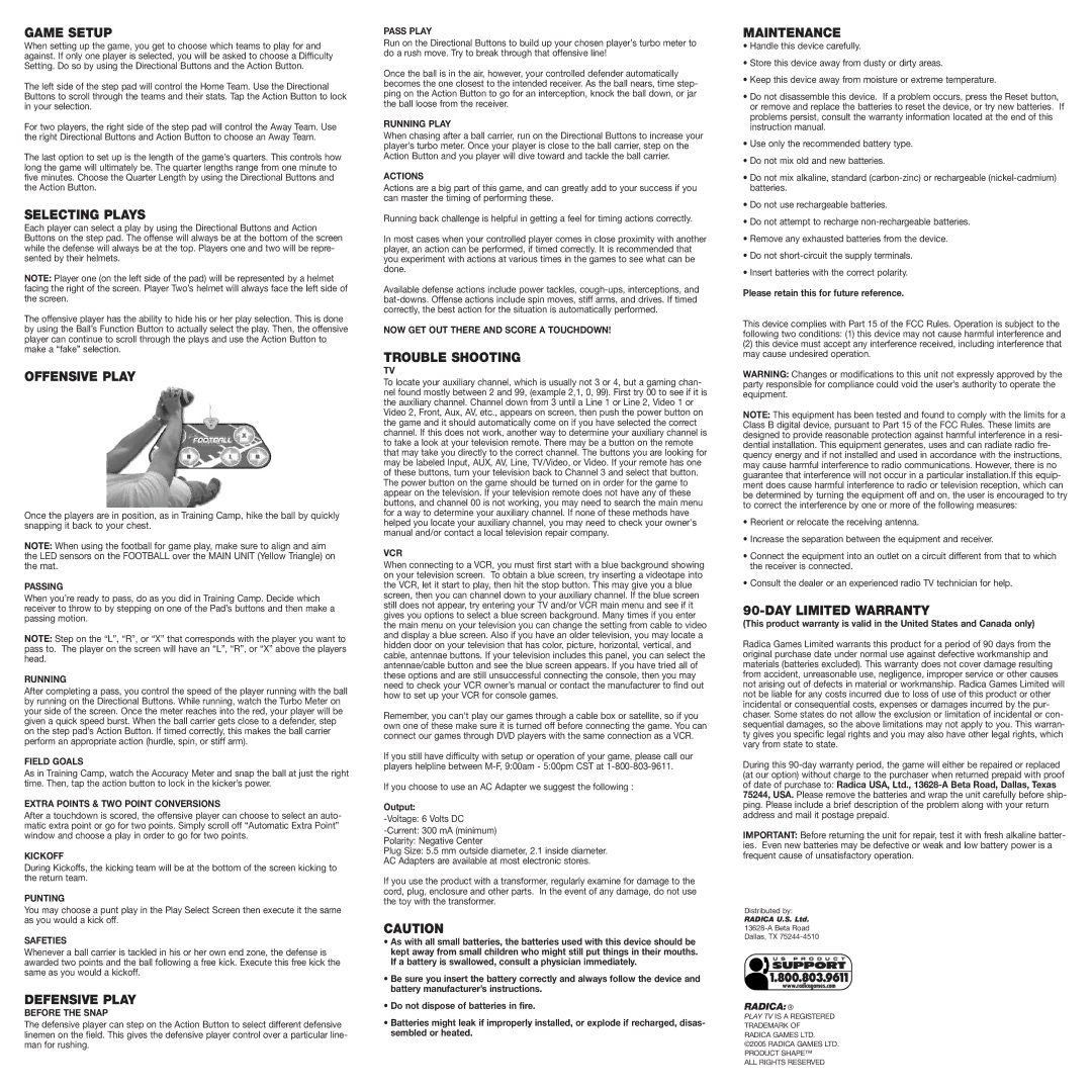 Radica Games 74021 manual Game Setup, Selecting Plays, Offensive Play, Defensive Play, Trouble Shooting, Maintenance 