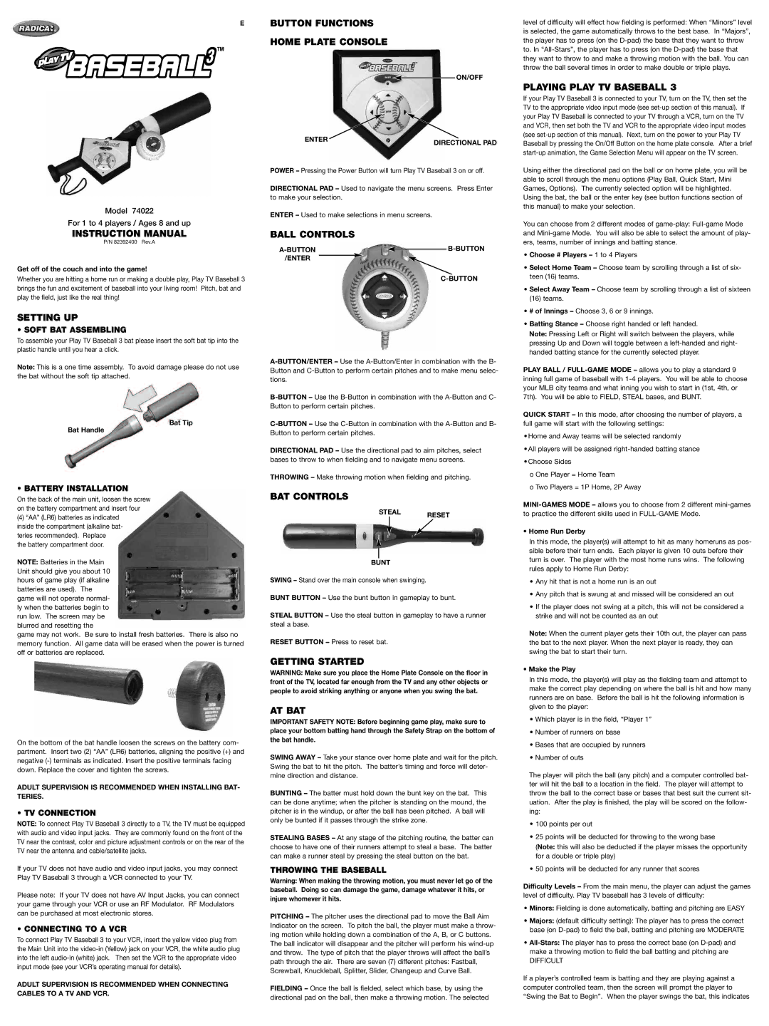 Radica Games 74022 instruction manual Setting UP, Button Functions Home Plate Console, Ball Controls, BAT Controls 