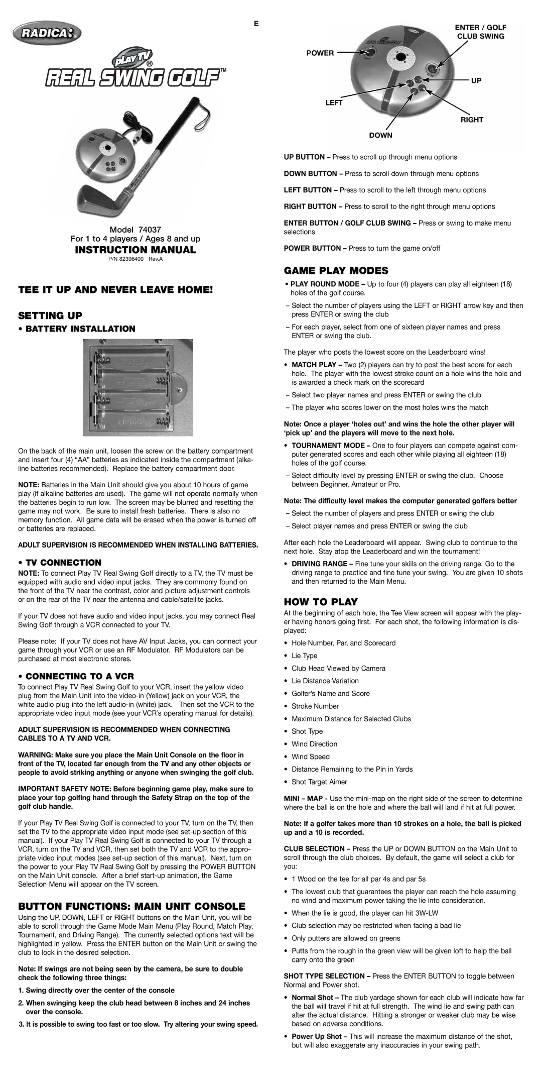 Radica Games 74037 instruction manual TEE IT UP and Never Leave Home Setting UP, Button Functions Main Unit Console 