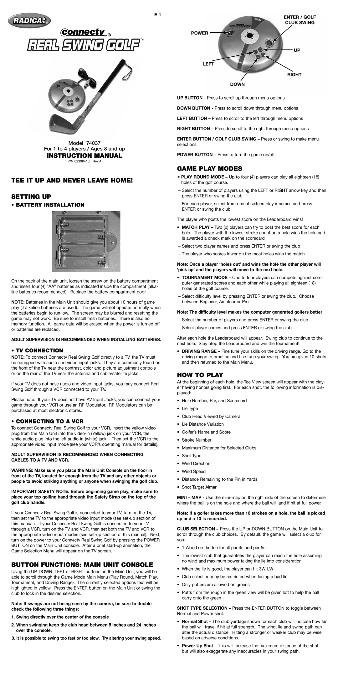 Radica Games 74037 instruction manual TEE IT UP and Never Leave Home Setting UP, Button Functions Main Unit Console 