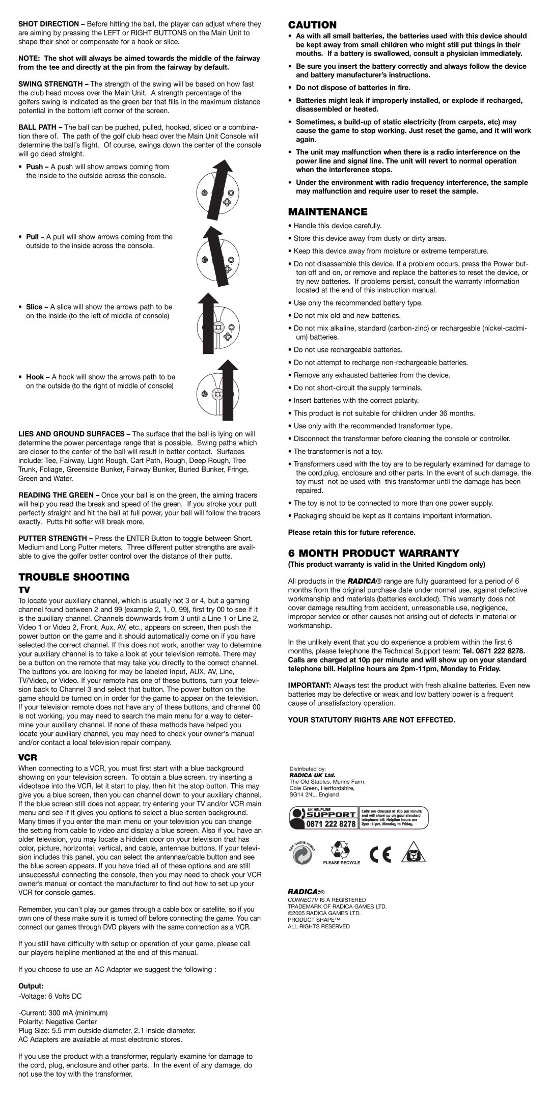 Radica Games 74037 instruction manual Trouble Shooting, Maintenance, Month Product Warranty, Vcr 