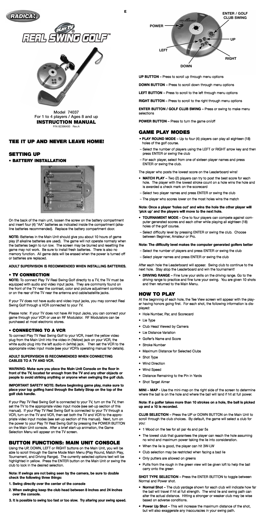 Radica Games 74037 instruction manual Instruction Manual, Tee It Up And Never Leave Home Setting Up, Game Play Modes 