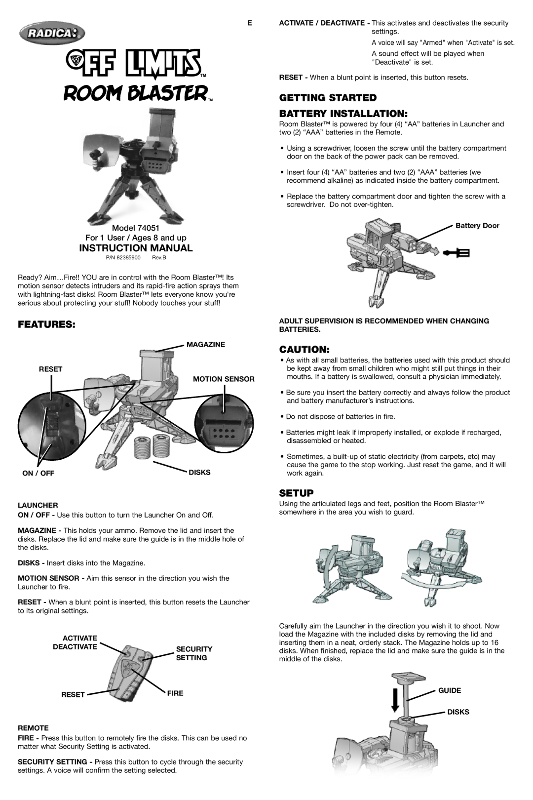 Radica Games 74051 instruction manual Features, Getting Started Battery Installation, Setup 