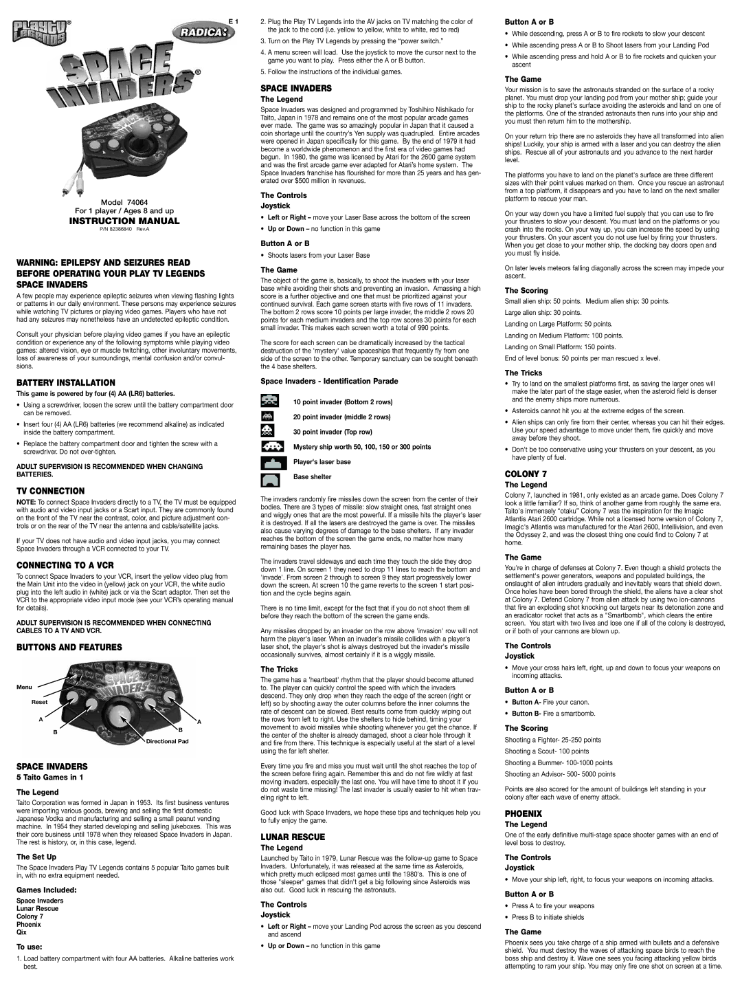 Radica Games 74064 instruction manual Battery Installation, TV Connection, Connecting to a VCR, Buttons and Features 