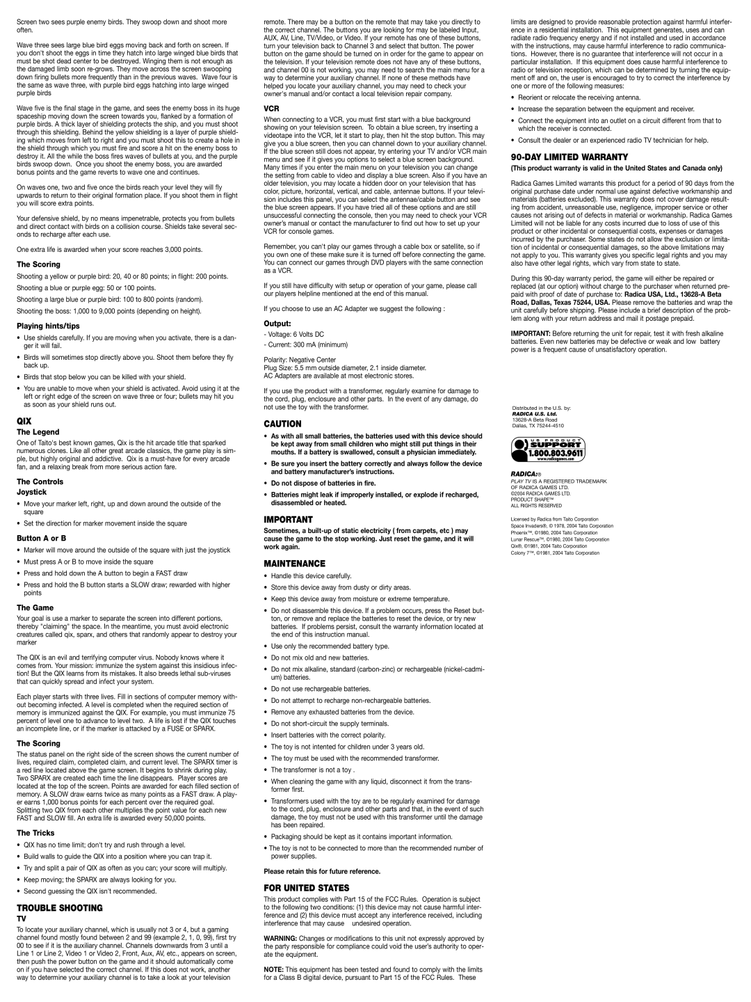 Radica Games 74064 instruction manual Qix, Trouble Shooting, Maintenance, For United States, DAY Limited Warranty 