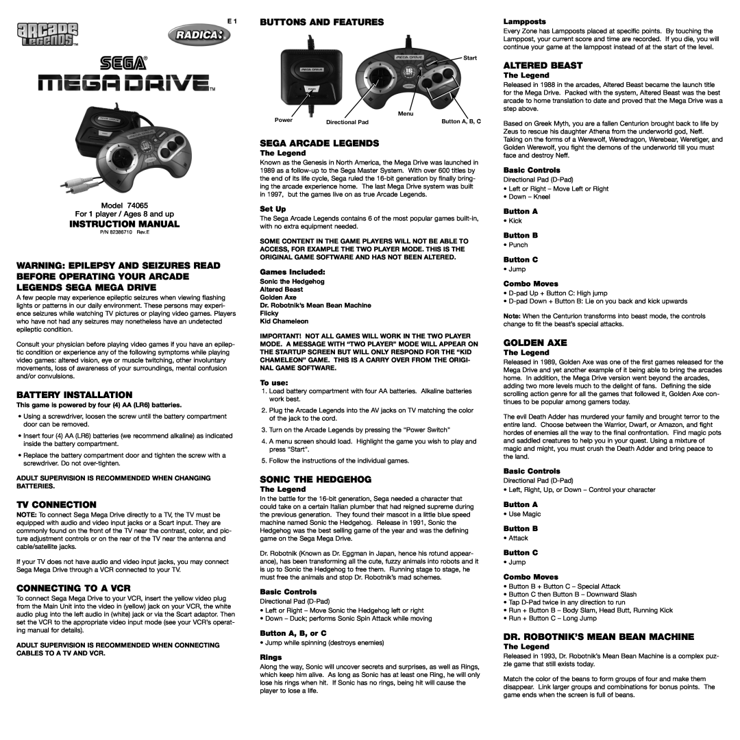 Radica Games 74065 instruction manual Instruction Manual 