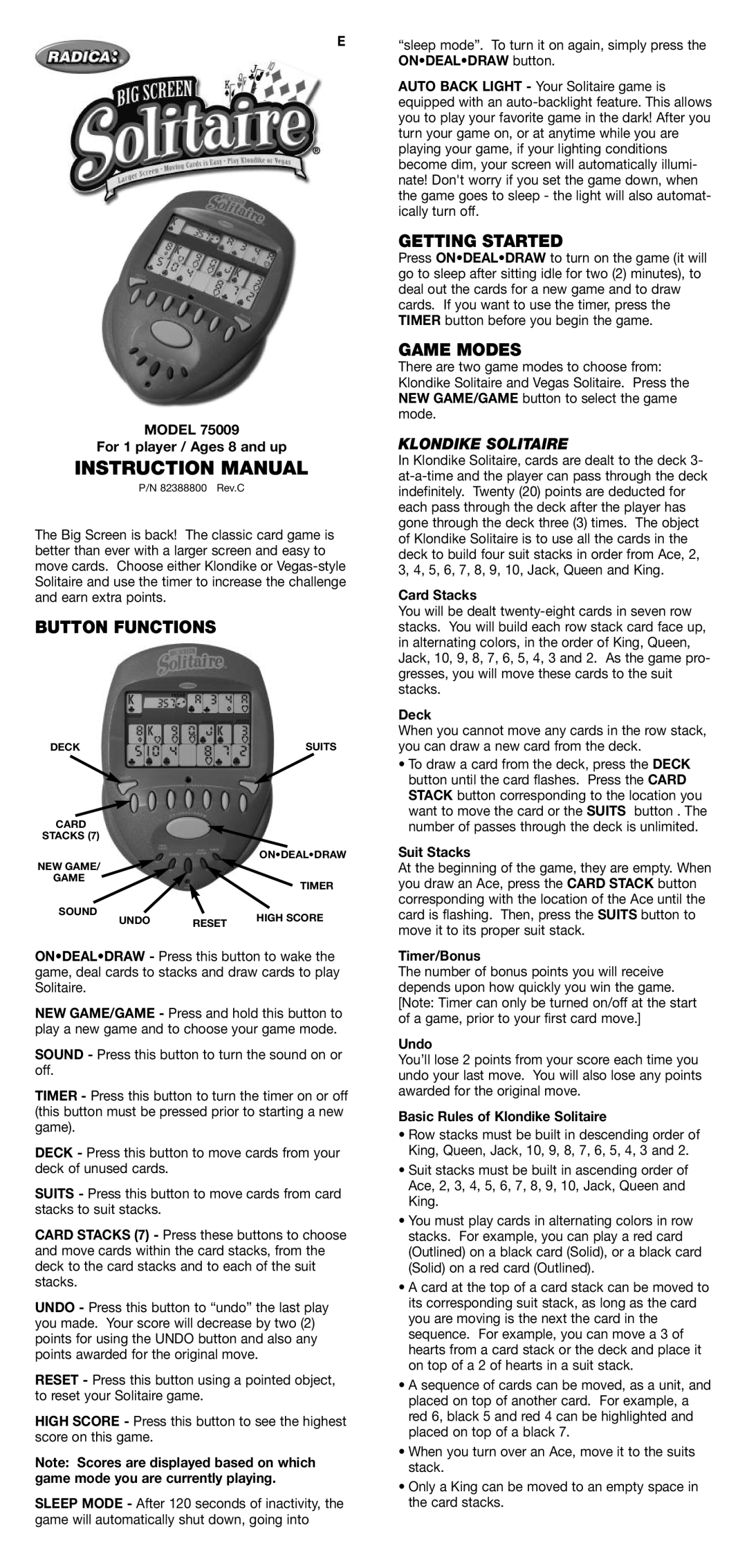 Radica Games 75009 instruction manual Button Functions, Getting Started, Game Modes, Klondike Solitaire 