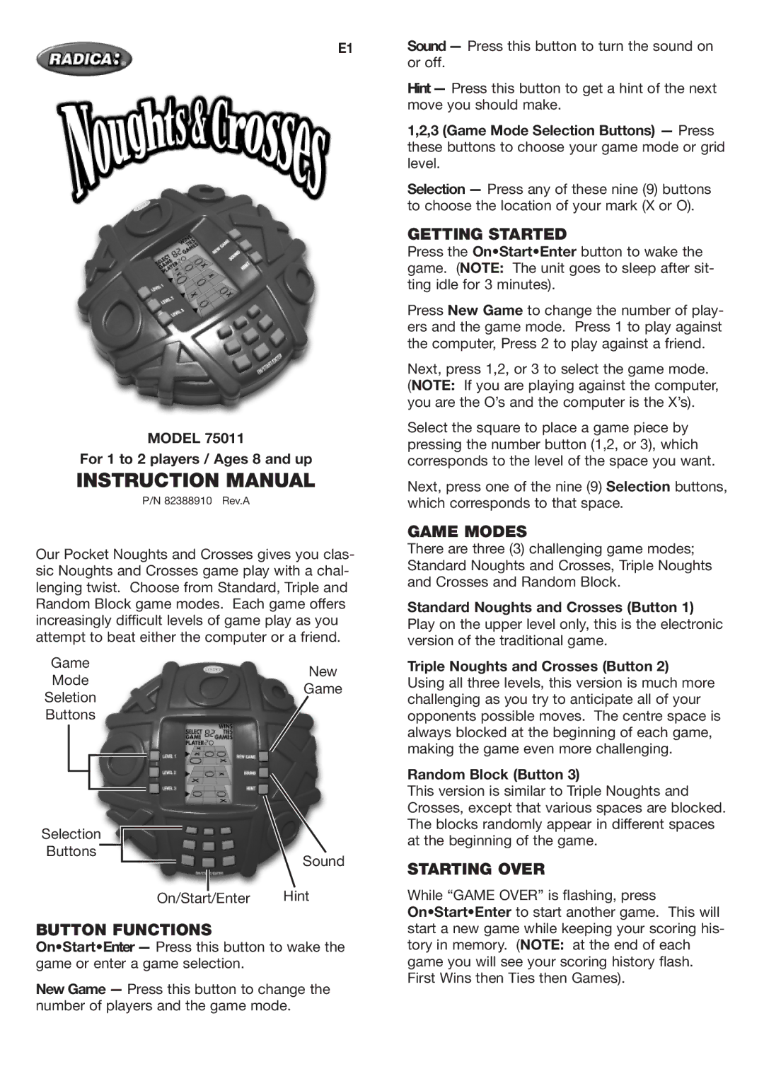 Radica Games 75011 instruction manual Getting Started, Game Modes, Button Functions, Starting Over 