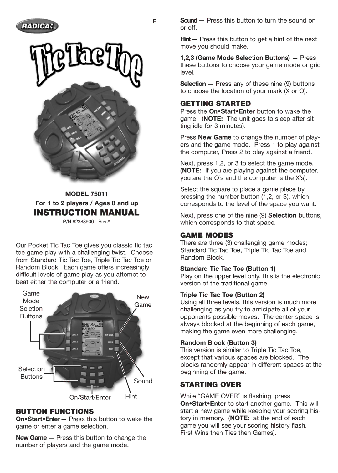 Radica Games 75011 instruction manual Getting Started, Game Modes, Button Functions, Starting Over 