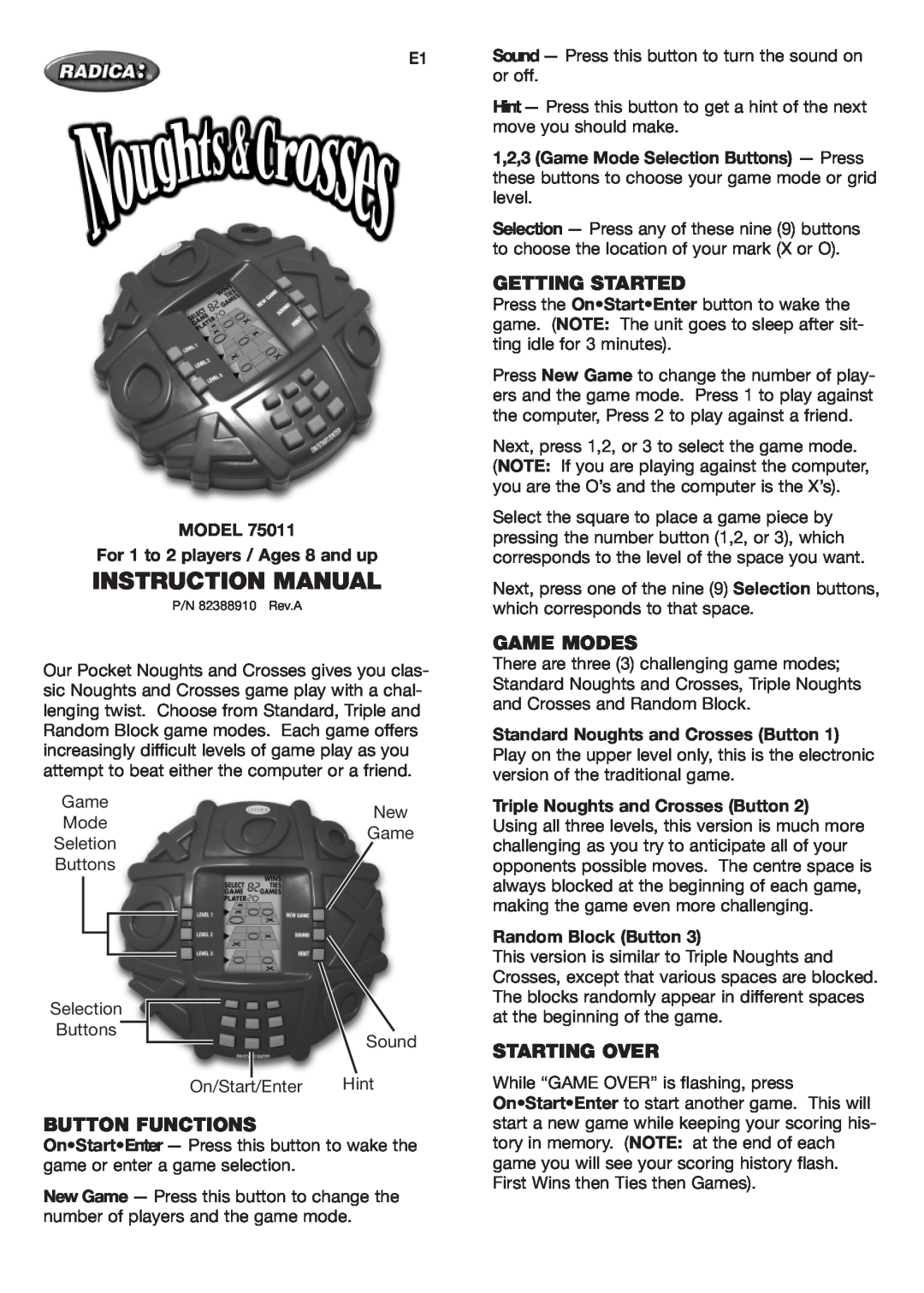 Radica Games 75011 instruction manual Getting Started, Game Modes, Button Functions, Starting Over, Random Block Button 