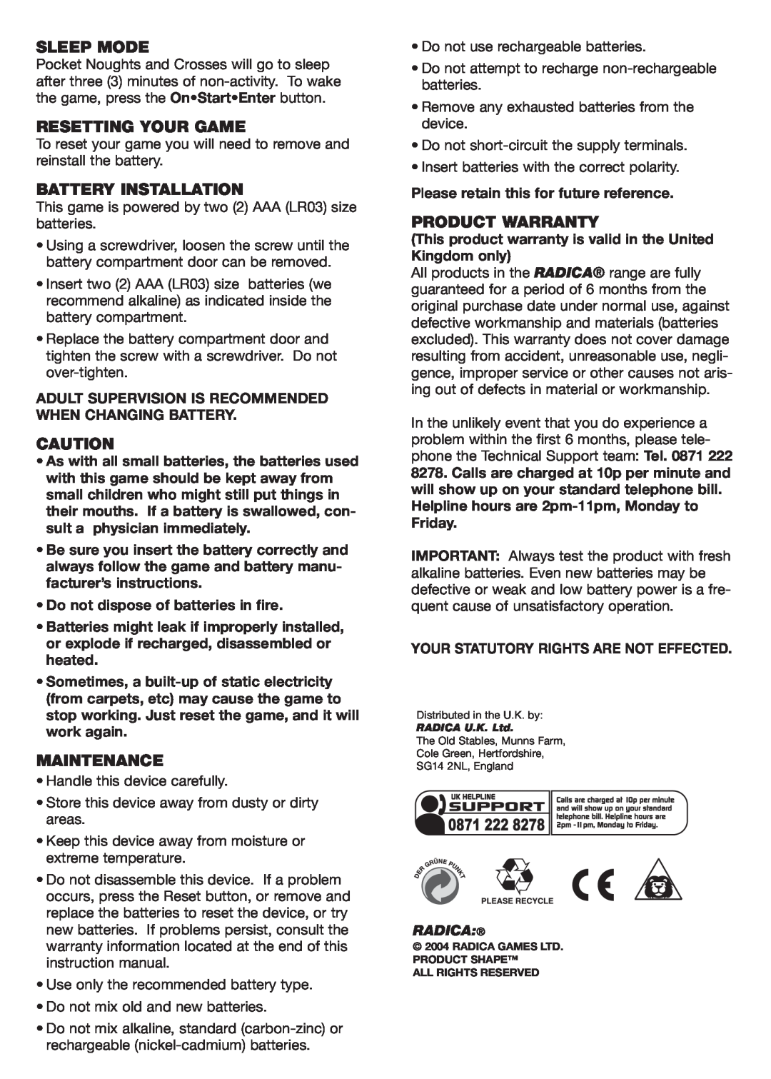 Radica Games 75011 Sleep Mode, Resetting Your Game, Battery Installation, Maintenance, Product Warranty, Radica 