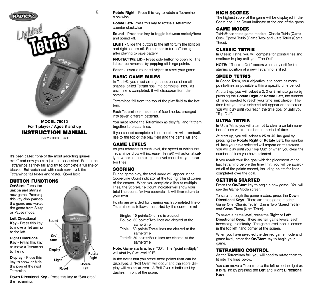 Radica Games 75012 instruction manual Button Functions, Basic Game Rules, Game Levels, Scoring, High Scores, Game Modes 