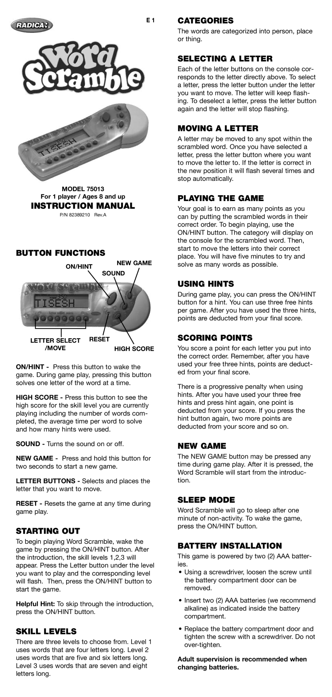 Radica Games 75013 instruction manual Button Functions Categories, Selecting a Letter, Moving a Letter, Playing the Game 