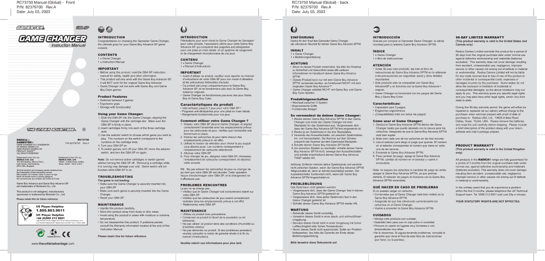 Radica Games 75015 warranty Introduction, Contents, Troubleshooting, Maintenance, Contenu, Problemes Rencontres, Inhalt 