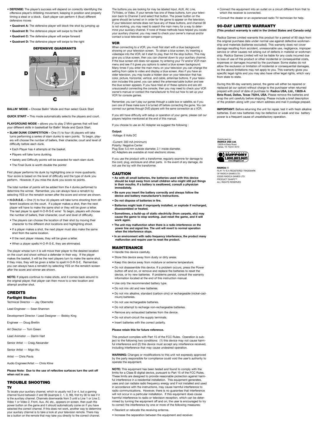 Radica Games 75029 instruction manual Credits, Trouble Shooting, Maintenance, DAY Limited Warranty, Vcr 