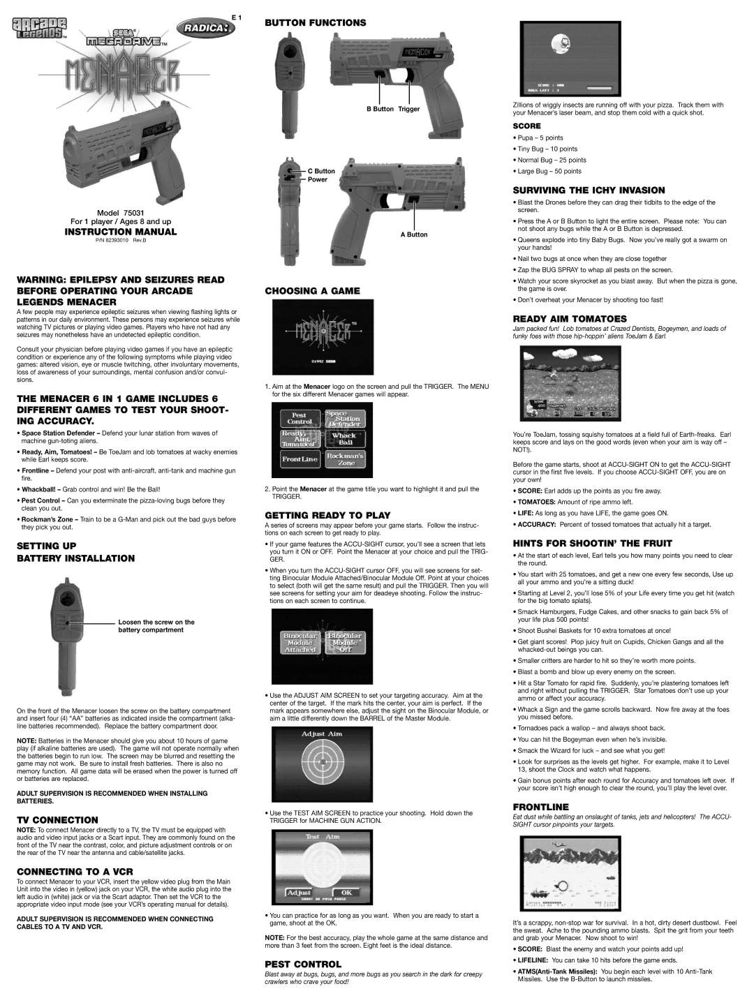 Radica Games 75031 instruction manual Button Functions, Setting UP Battery Installation, TV Connection Connecting to a VCR 