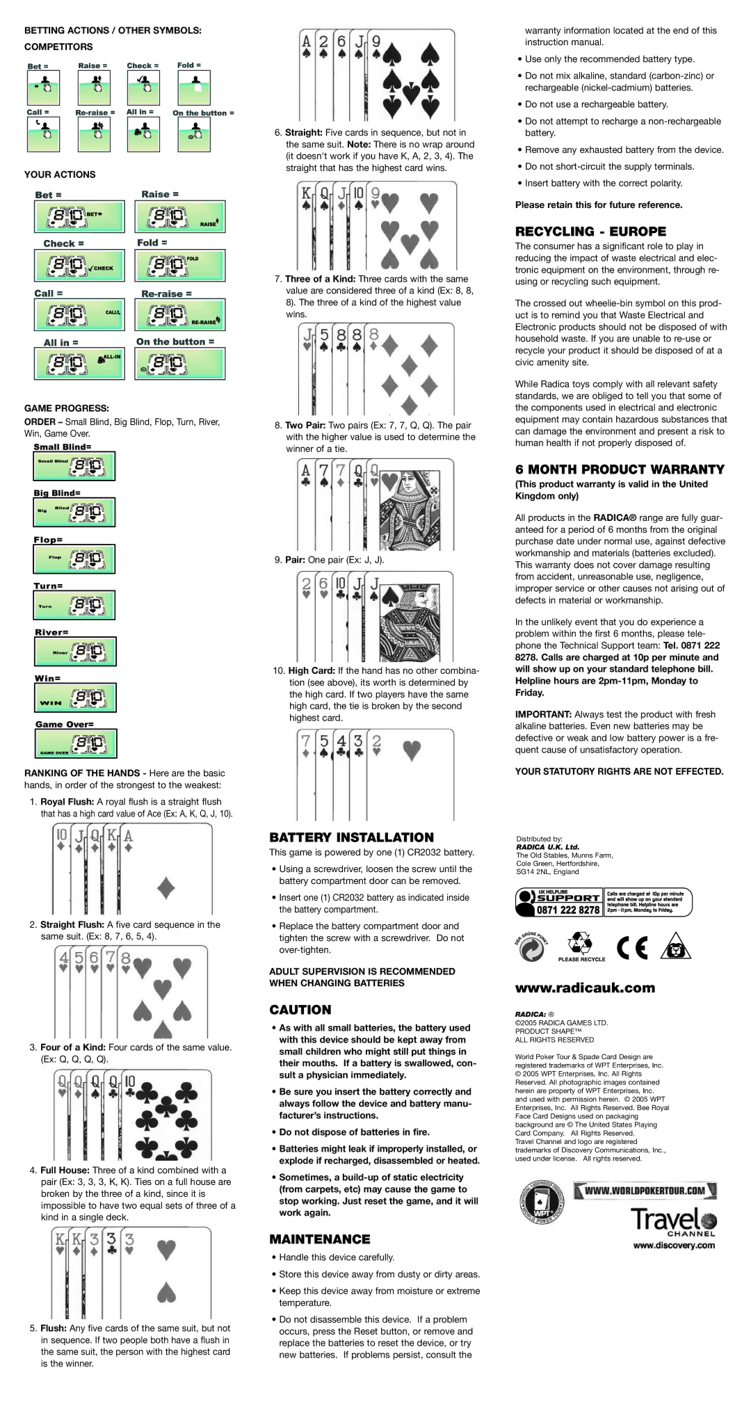 Radica Games 75033 instruction manual Battery Installation, Maintenance, Recycling Europe, Month Product Warranty 