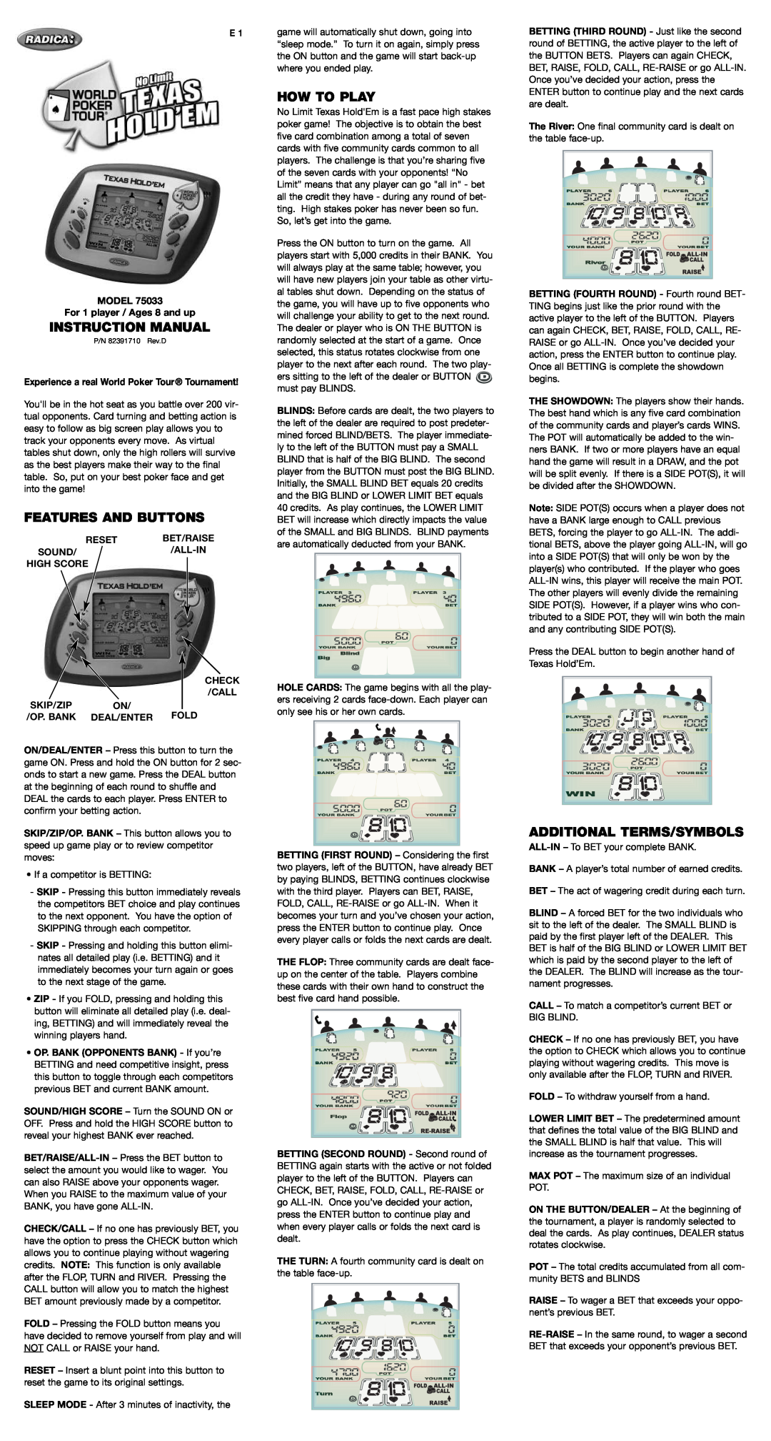 Radica Games 75033 instruction manual Instruction Manual, Features And Buttons, How To Play, Additional Terms/Symbols 