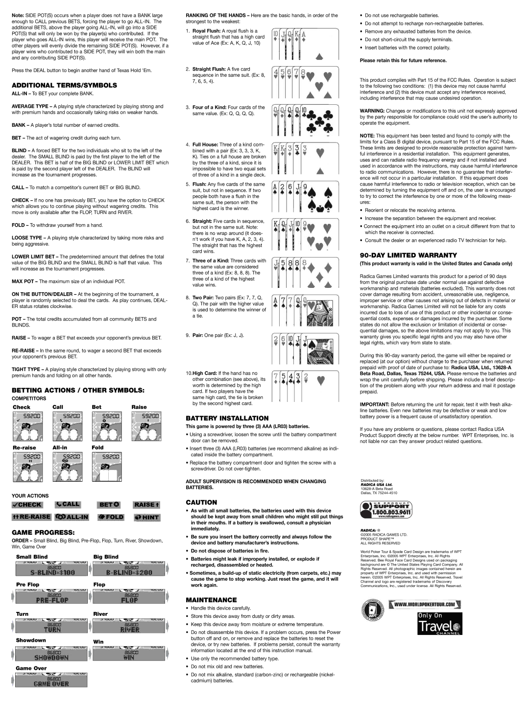 Radica Games 75034 Additional TERMS/SYMBOLS, Betting Actions / Other Symbols, Game Progress, Battery Installation 