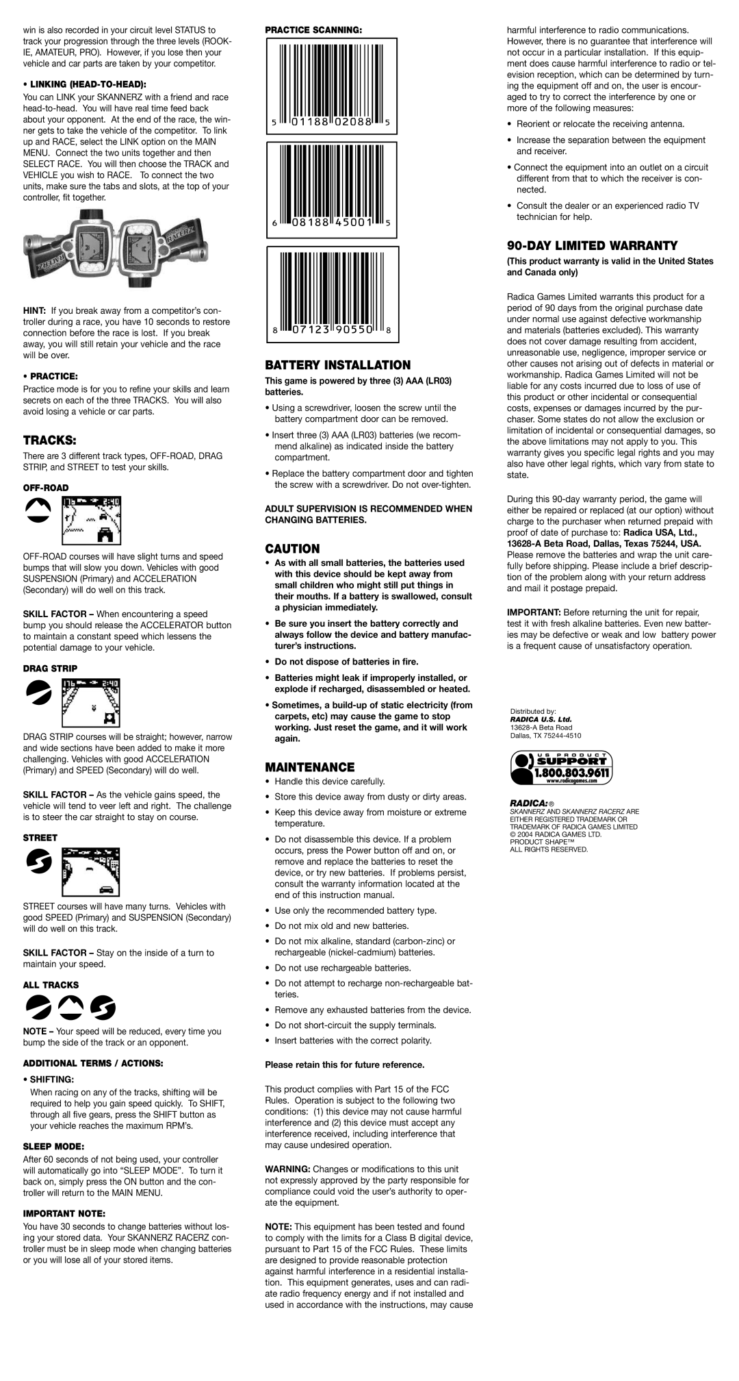 Radica Games 75036 instruction manual Tracks, Battery Installation, Maintenance, DAY Limited Warranty 