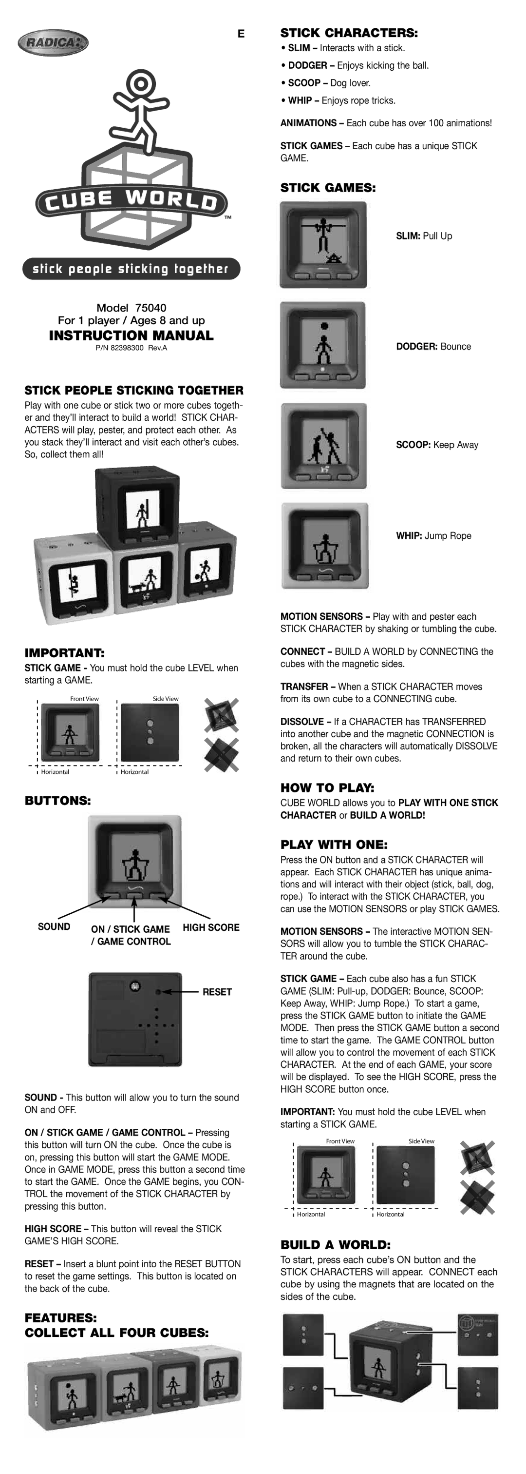 Radica Games 75040 instruction manual Stick People Sticking Together, Buttons, Stick Characters, Stick Games, HOW to Play 