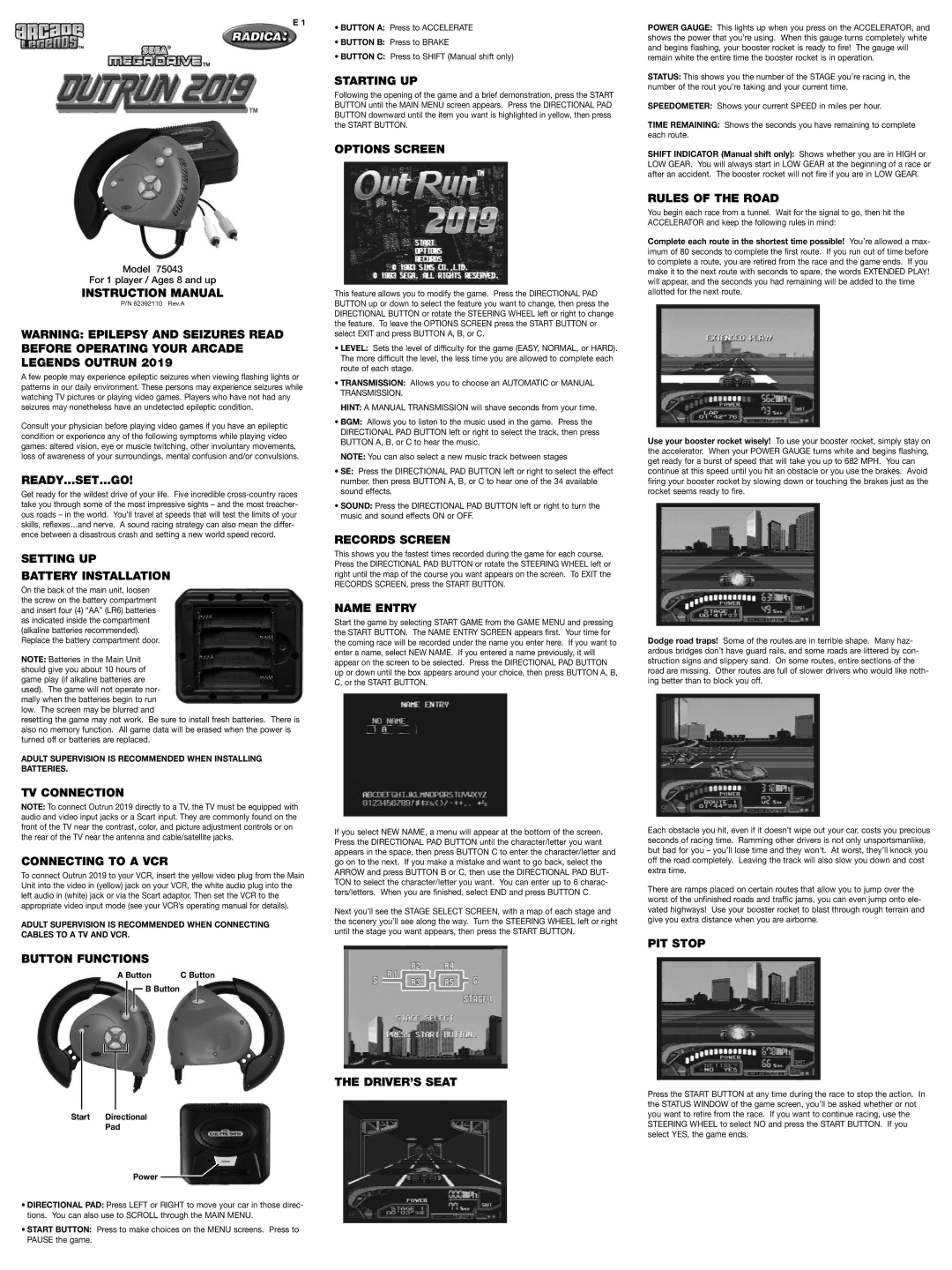 Radica Games 75043 instruction manual Ready…Set…Go, Setting UP Battery Installation, TV Connection Connecting to a VCR 