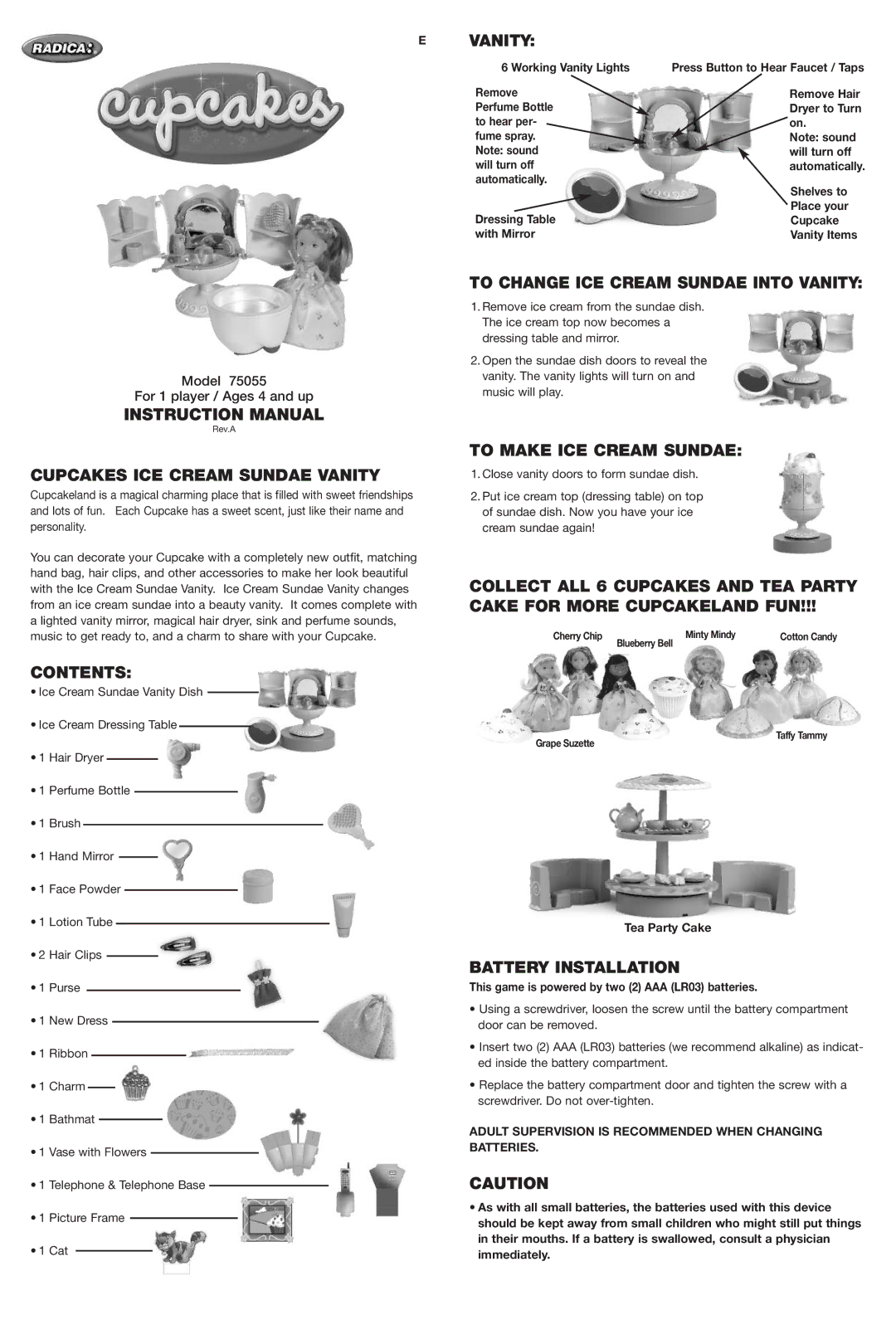 Radica Games 75055 instruction manual Cupcakes ICE Cream Sundae Vanity, Contents, To Change ICE Cream Sundae Into Vanity 