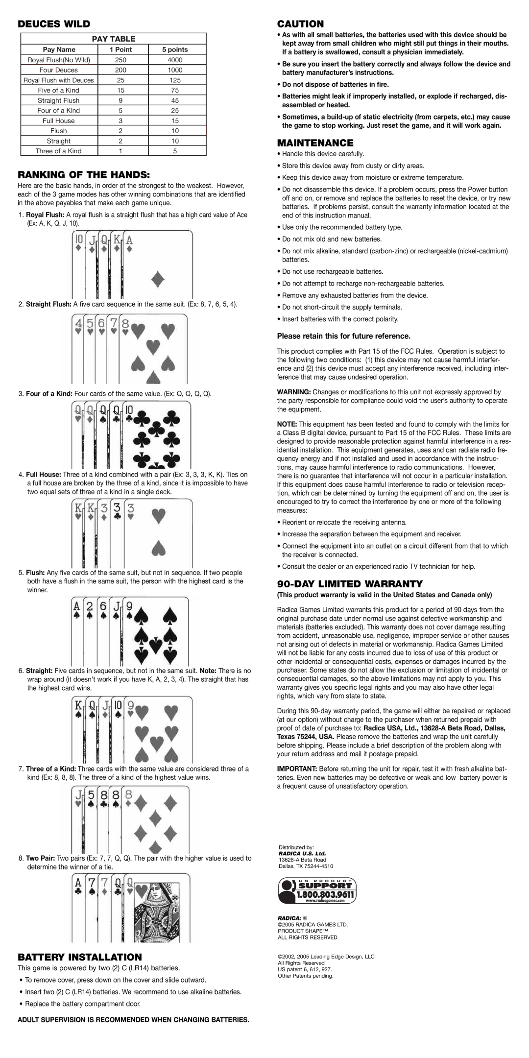 Radica Games 75058 Deuces Wild, Ranking of the Hands, Battery Installation, Maintenance, DAY Limited Warranty 