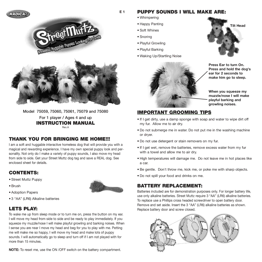 Radica Games 75079 instruction manual Thank YOU for Bringing ME Home, Contents, Lets Play, Puppy Sounds I will Make are 