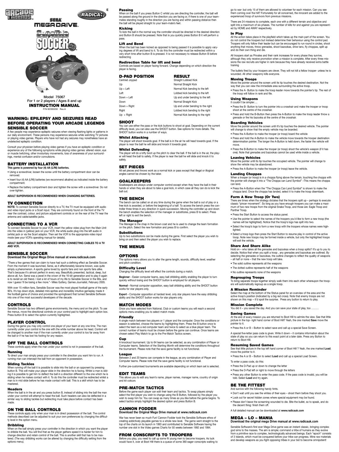 Radica Games 75067 instruction manual Battery Installation, TV Connection Connecting to a VCR, Sensible Soccer, Controls 