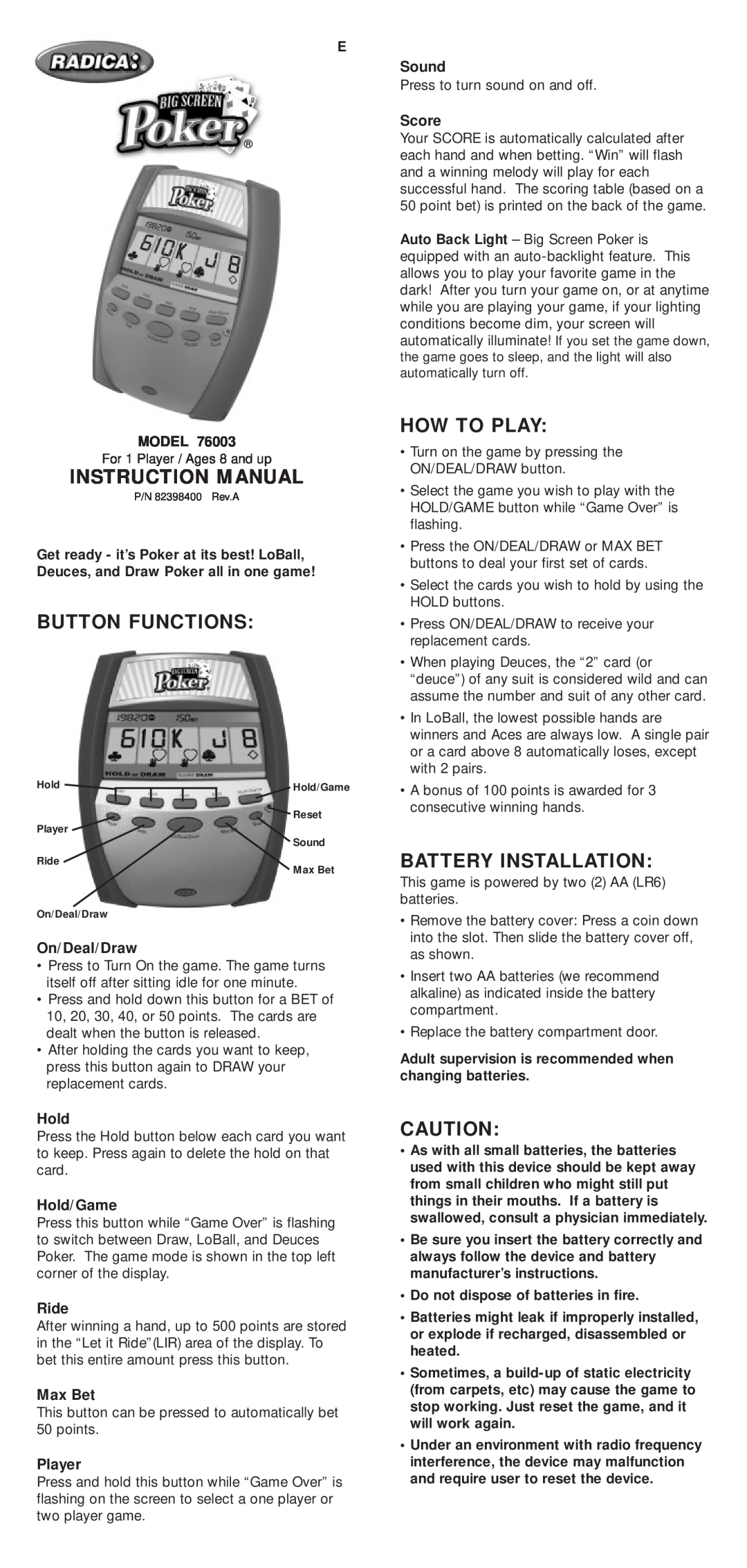 Radica Games 76003 instruction manual Instruction Manual, Button Functions, How To Play, Battery Installation, Model 