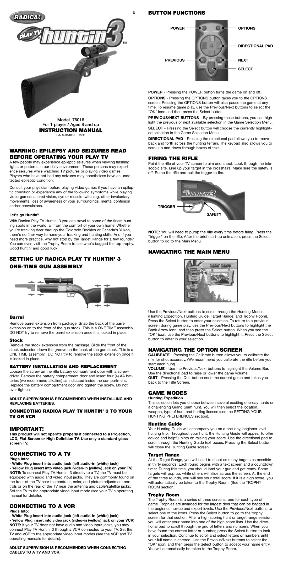 Radica Games 76016 instruction manual Setting UP Radica Play TV Huntin ONE-TIME GUN Assembly, Connecting to a TV 